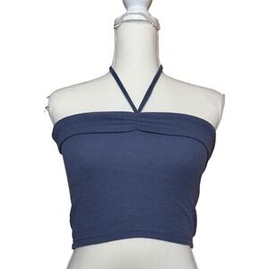 Edikted Navy Blue Textured Halter Crop Tank Top XS Waffle Knit